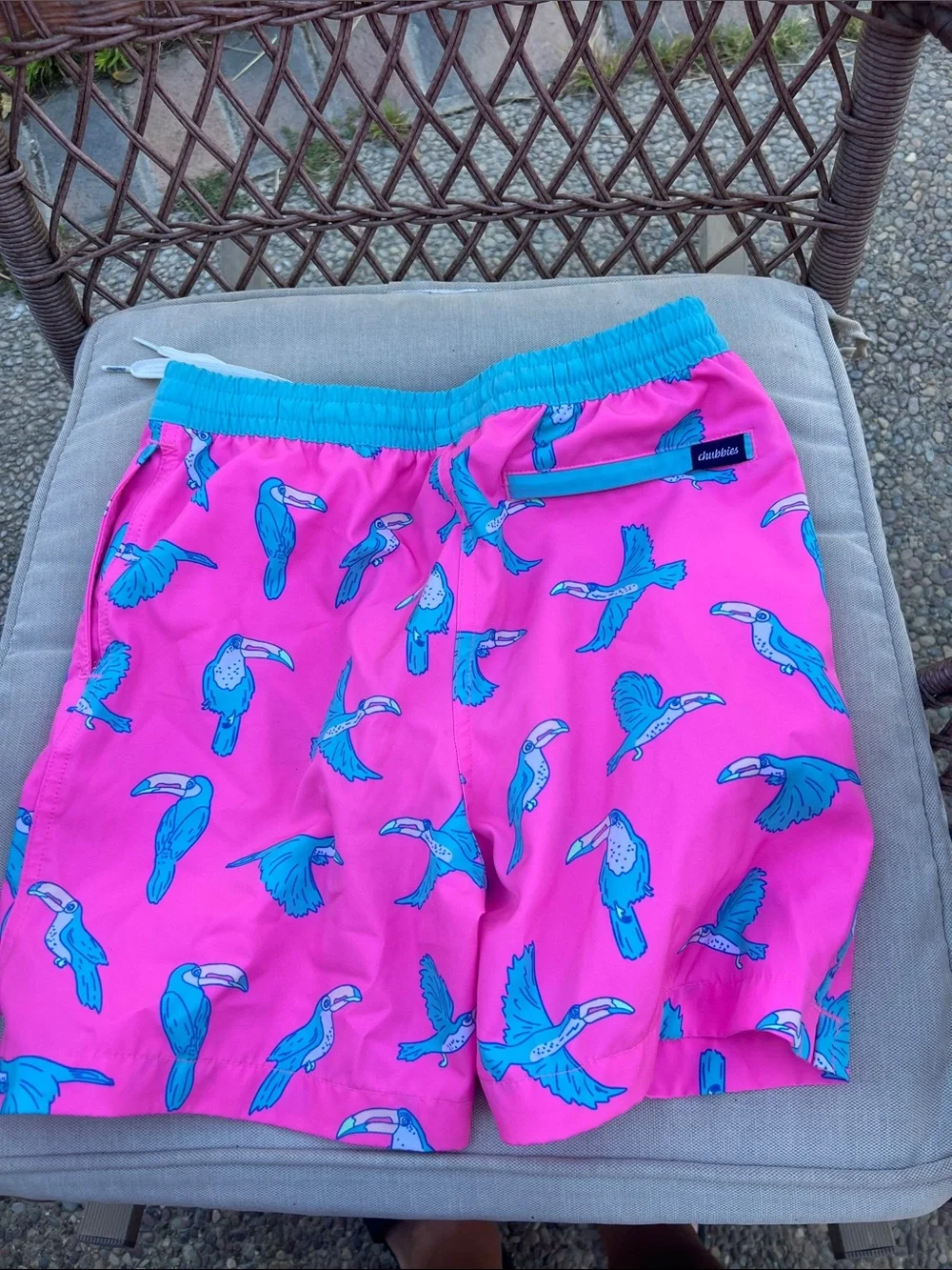 Young boys Pink Swim Trunks with Blue Toucan Print